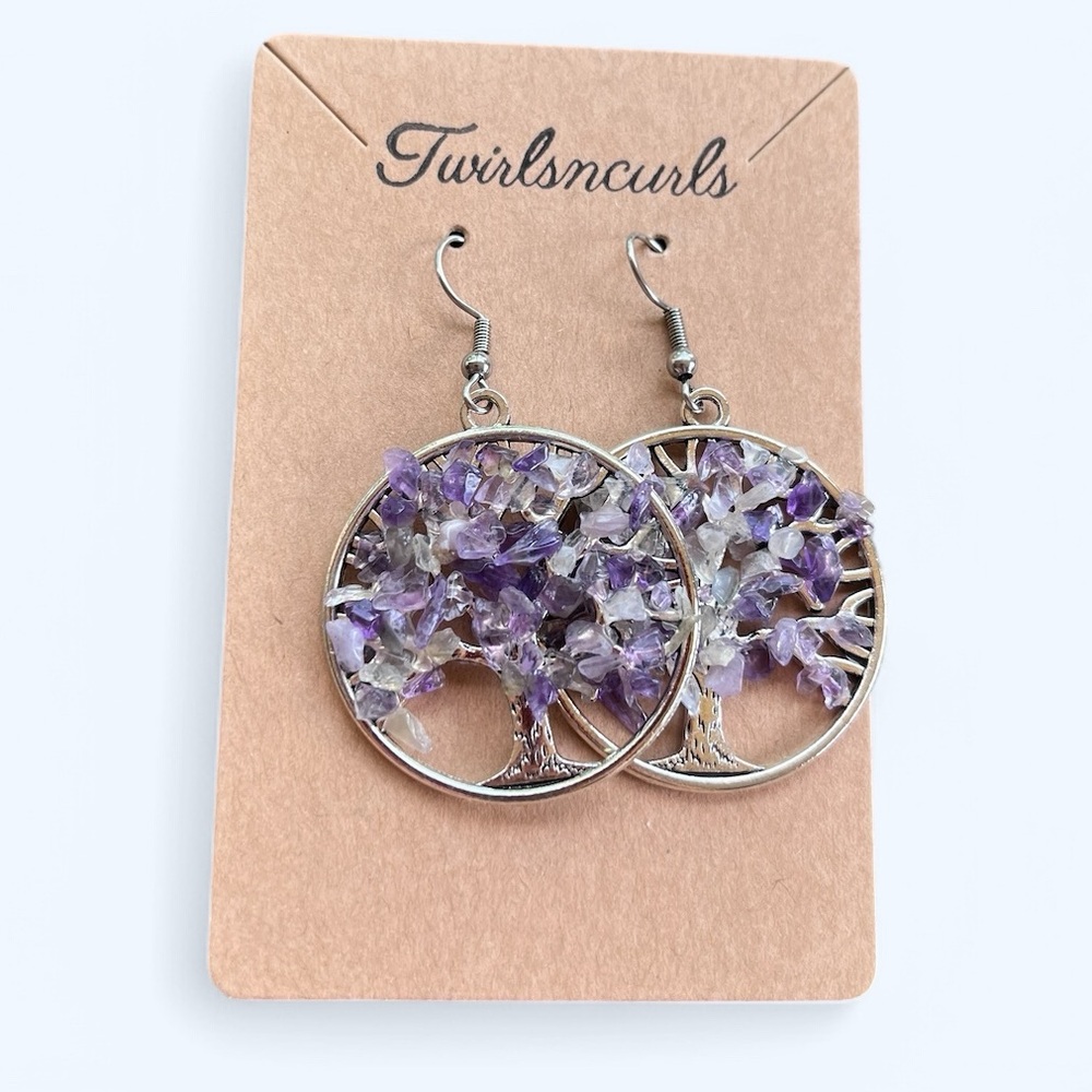 NEW Purple Agate Tree of Life Silver Tone Dangle Medallion Earrings